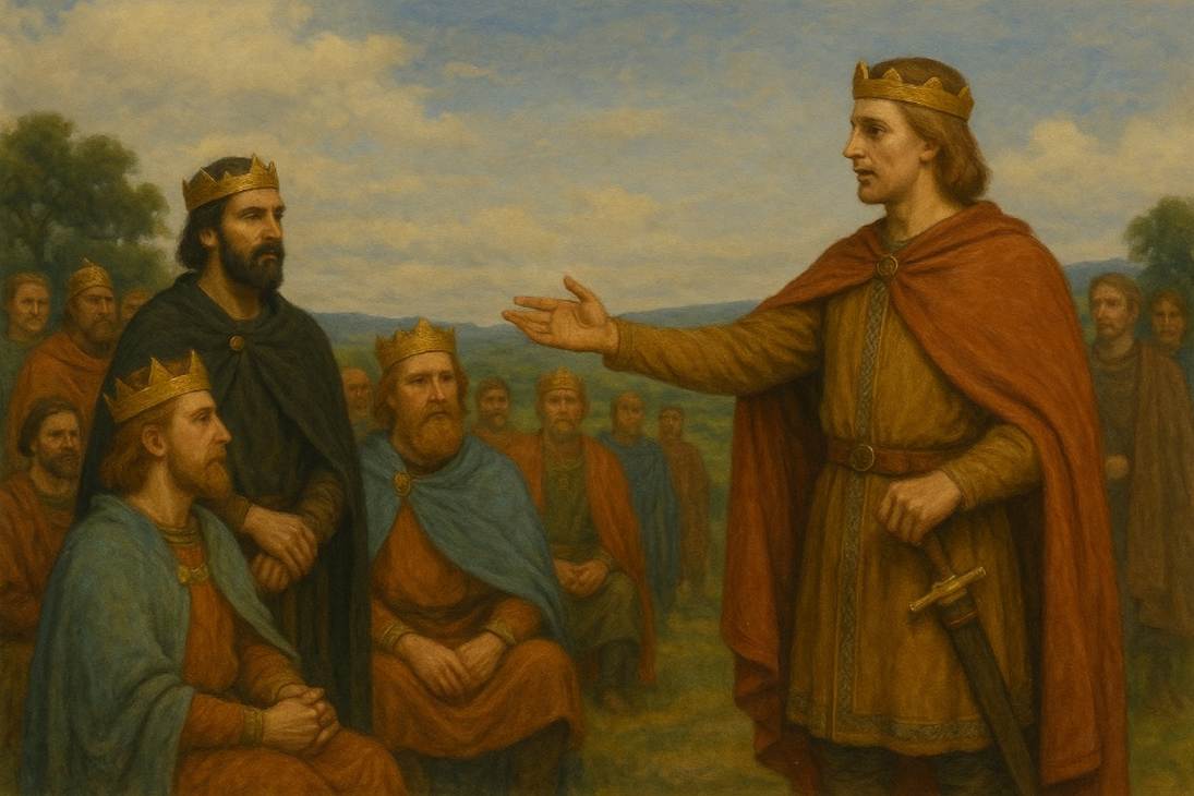 A painting of a person in a crown and a sword
AI-generated content may be incorrect.